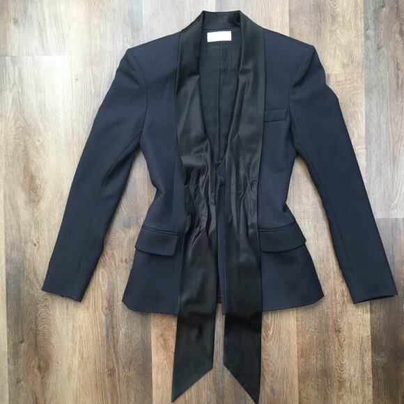 Faith Connexion Navy Blue Tuxedo Blazer Jacket Wool Silk Bow Satin Lapels XS 0 2 - Picture 14 of 16